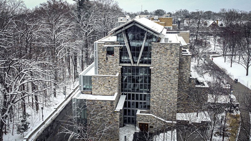 A dusting of snow covers the Sellinger School of Business building at Loyola University Maryland