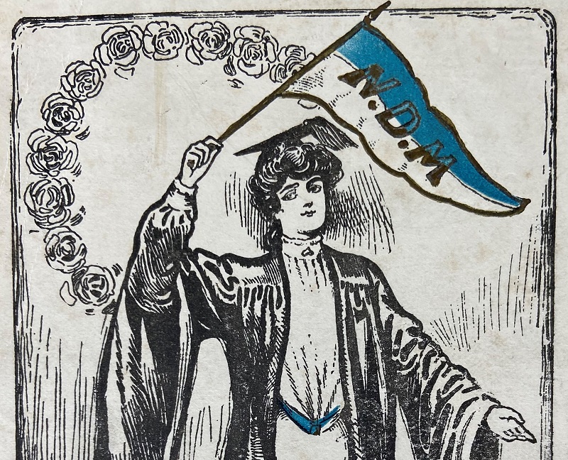 1906 drawing of graduate with Notre Dame pennant