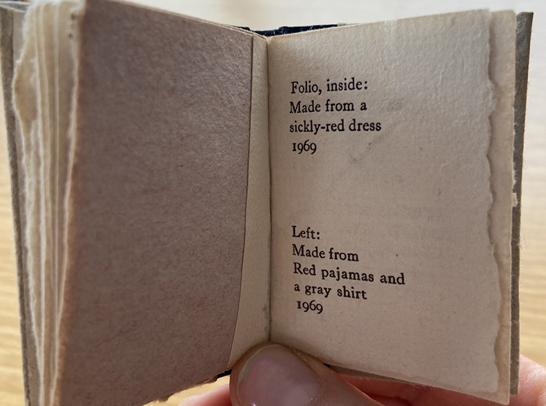 Page from Adventures with Paper with the caption "Folio, inside: Made from a sickly-red dress 1969; Left: Made from Red pajamas and a gray shirt, 1969"
