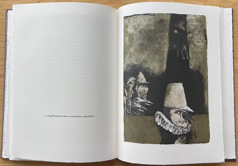 Two-page spread from The Mask of the Red Death, with lithograph illustration